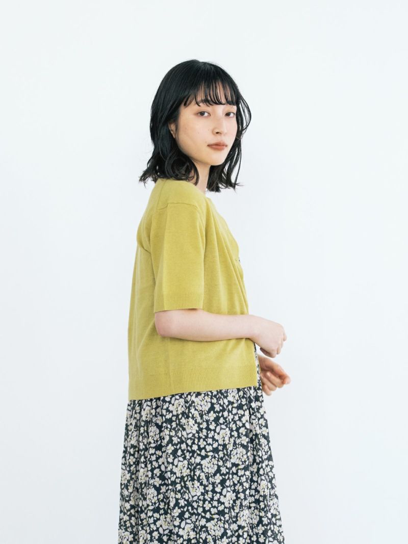 リネンコットン5分袖刺繍釦カーディガン PONT DE CHALONS ポンデ