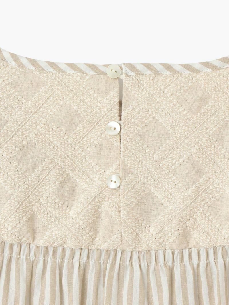 sosotto (ソソット) | 綿麻ストライプxレースヨーク切替ゴムシャーリングブラウス (beige) | トップス お洒落 sosotto (ソソット) | 綿麻ストライプxレースヨーク切替ゴム