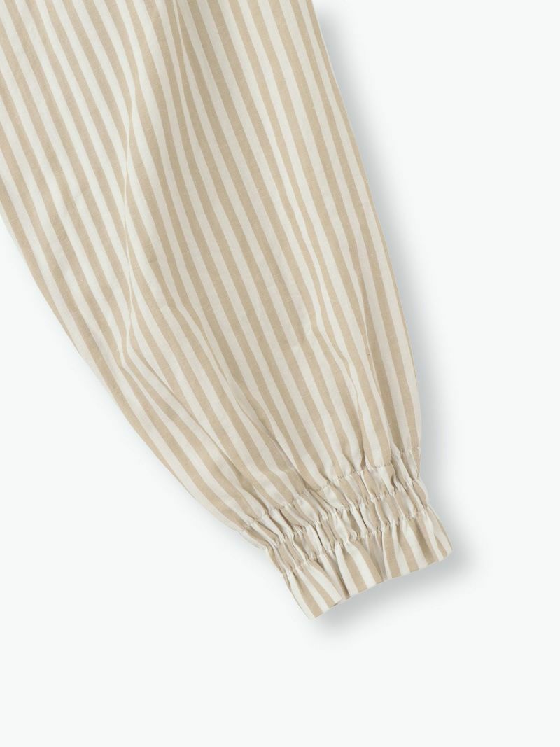 sosotto (ソソット) | 綿麻ストライプxレースヨーク切替ゴムシャーリングブラウス (beige) | トップス お洒落 綿麻ストライプ×レースヨーク切替ゴムシャーリングブラウス