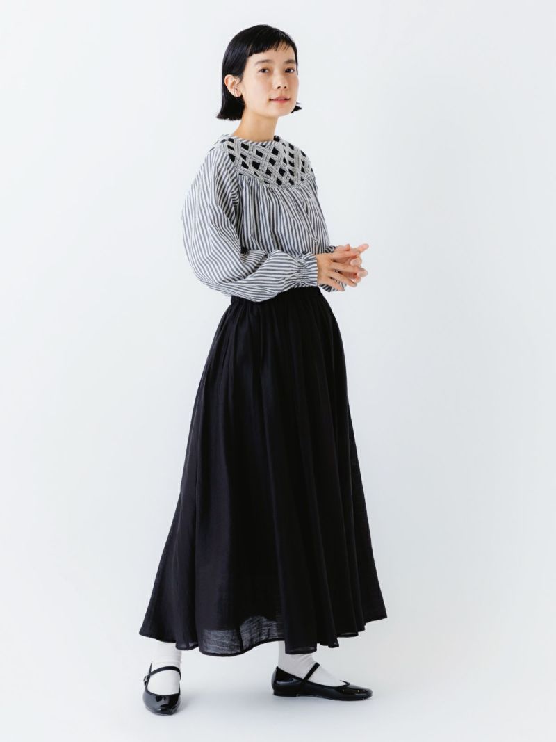 sosotto (ソソット) | レースヨーク切替ブラウス (black x stripe) | トップス ブラウス お洒落 sosotto (ソソット) | レースヨーク切替ブラウス (black x