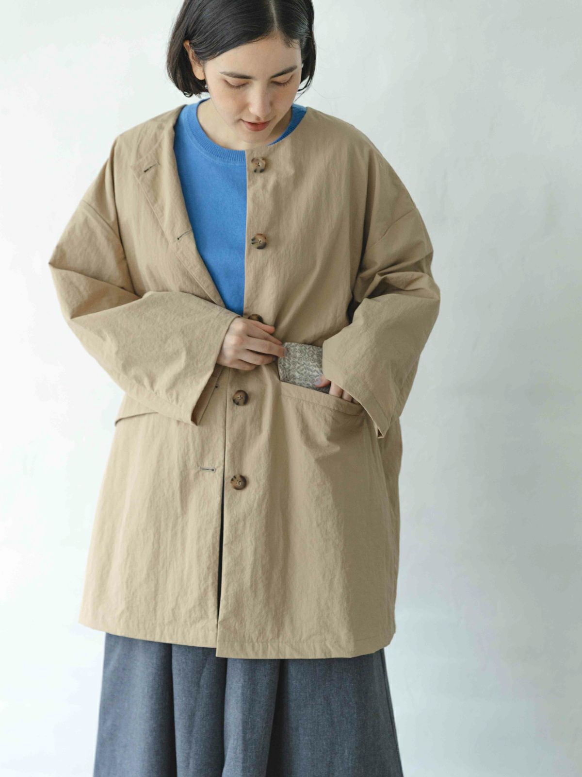 ナイロンLIBERTY裏地ノーカラーコート sosotto ソソット | PONT DE