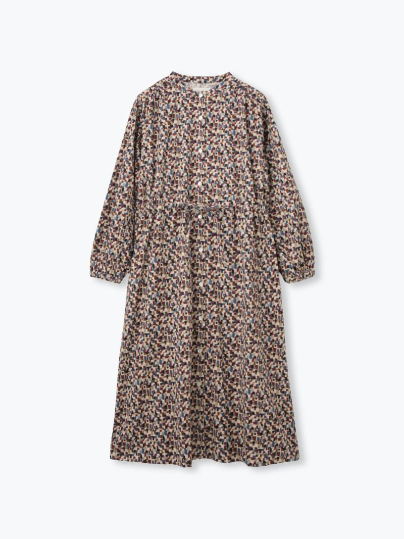 コーデュロイプリントバンドカラーウエストドロストワンピース